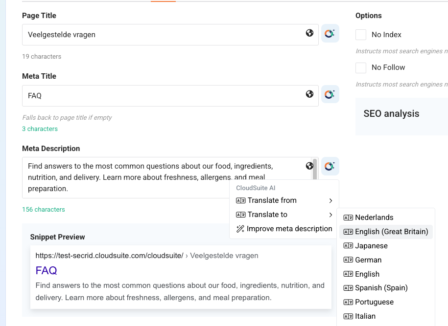 AI menu in pages