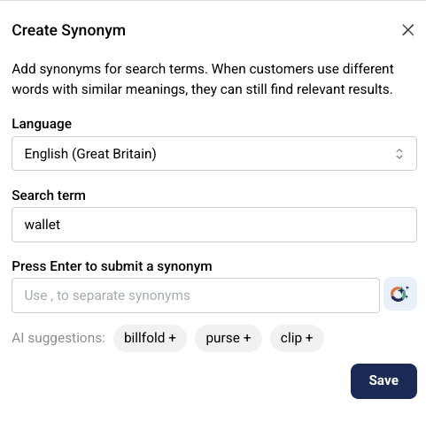 Add synonyms screen