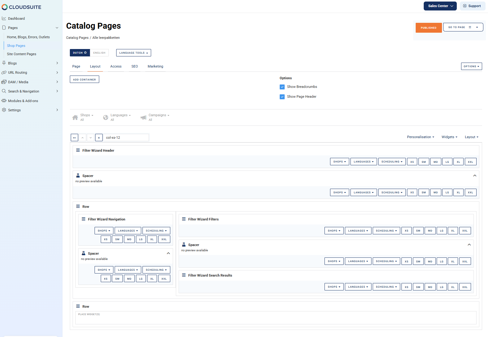 Filter wizard catalog pages